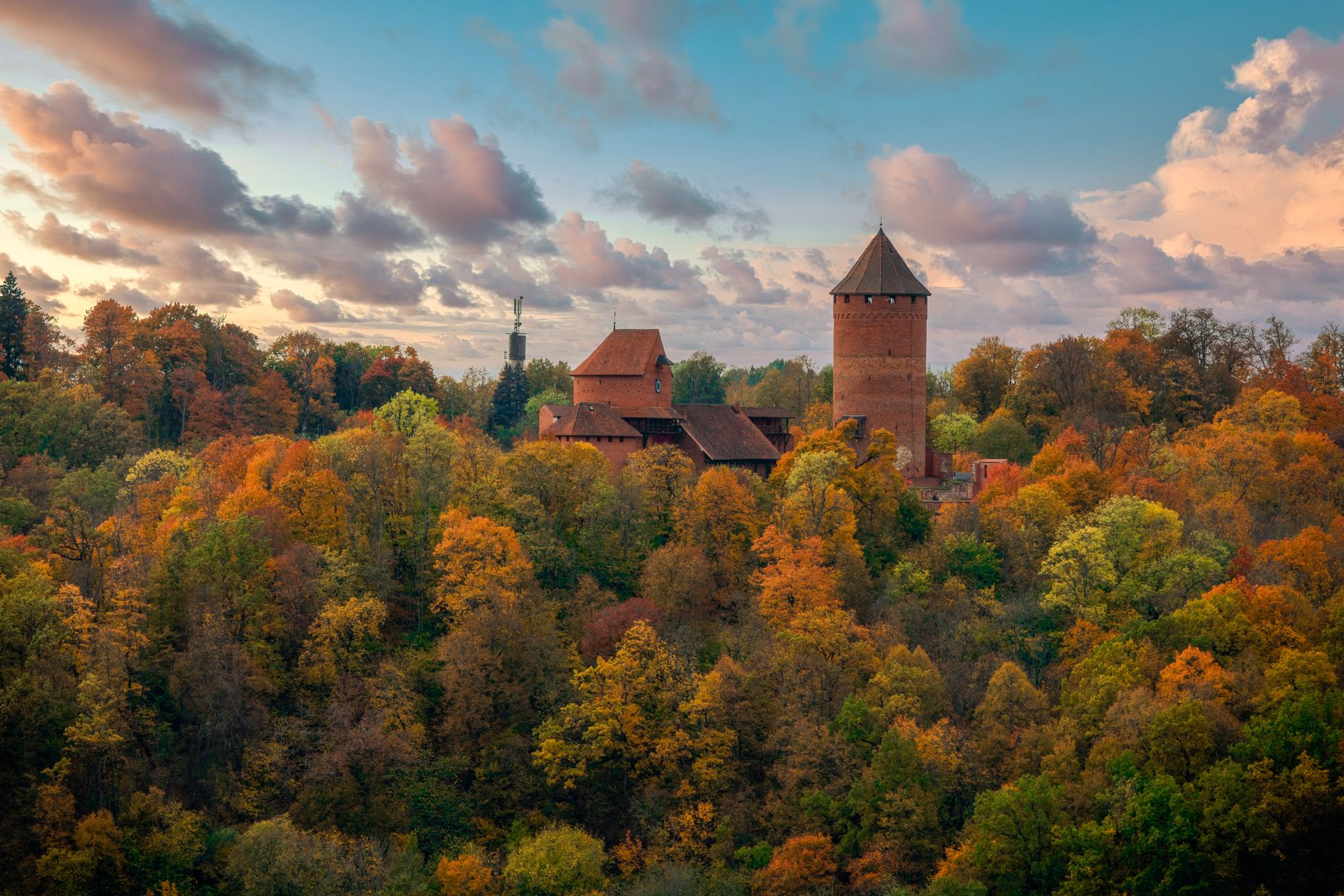 Turaidas pils tornis rudens kokos Siguldā